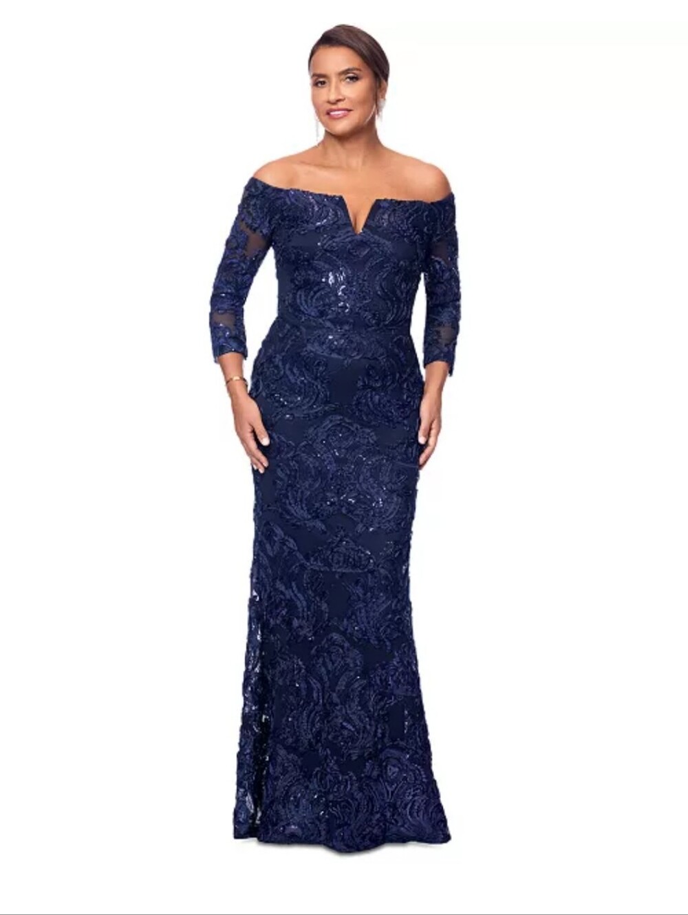 XSCAPE Navy Lace Sequin Evening Gown Size 6 Long Sleeve Formal Dress Slit NWT